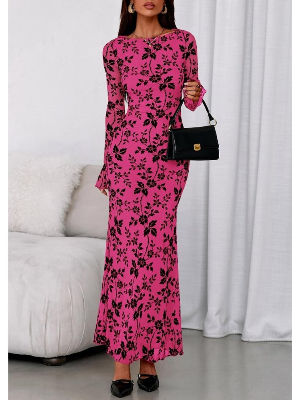 Women's Hot Pink Slim Fitted Boat Neck Long Sleeves Floral Bodycon Maxi Dresses - Picture 5 of 6